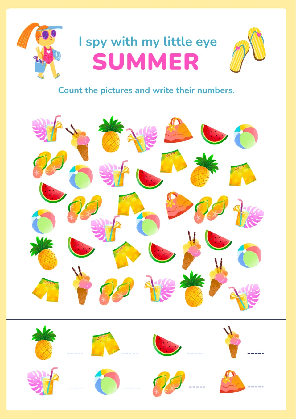 I spy summer counting: students count pineapples, watermelons, flip-flops and other summer pictures and write each total