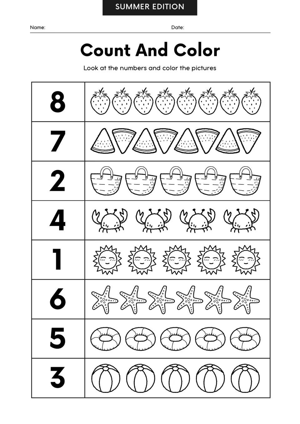 Count and color: students read numbers 1 to 8 and color that many strawberries, crabs, starfish or other summer pictures