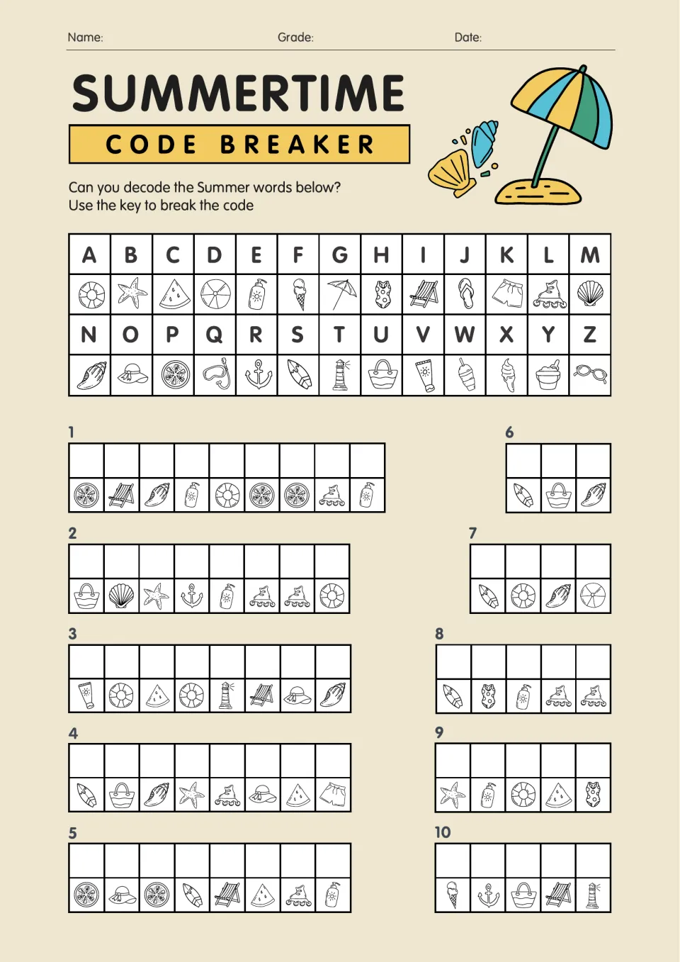 Summertime code breaker: students use a picture key for A to Z to decode 10 summer words, letter by letter