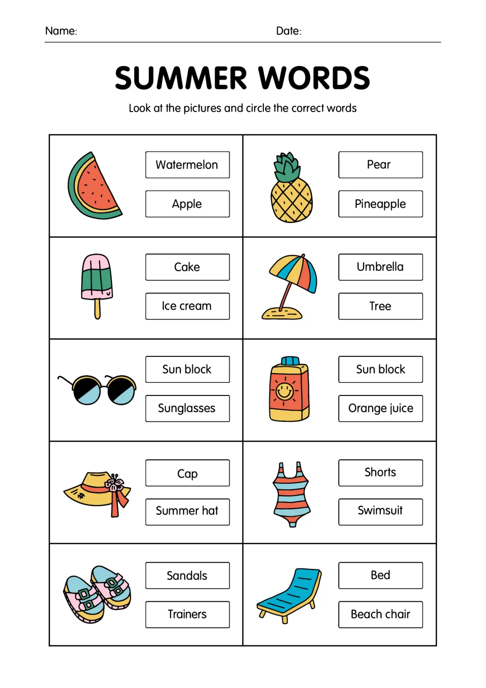Summer words: students look at 10 pictures such as a pineapple and a swimsuit and circle the correct word of two choices