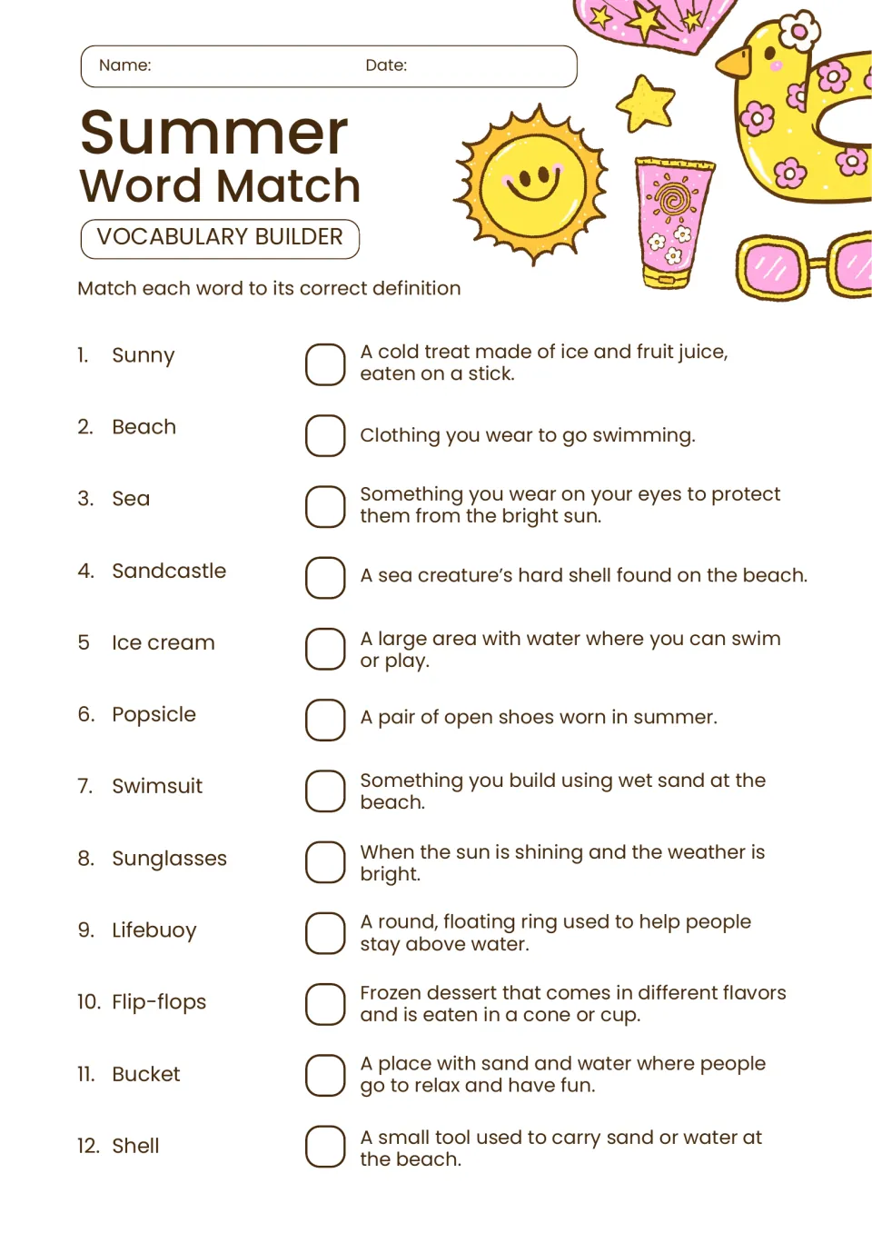 Summer word match: students match 12 words like lifebuoy, popsicle and sandcastle to their written definitions
