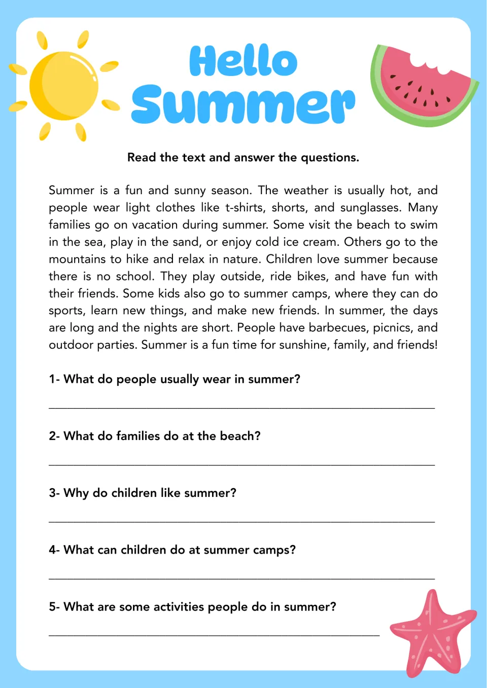 Reading comprehension: students read a short passage about summer fun and answer 5 questions about clothes, beach and camp
