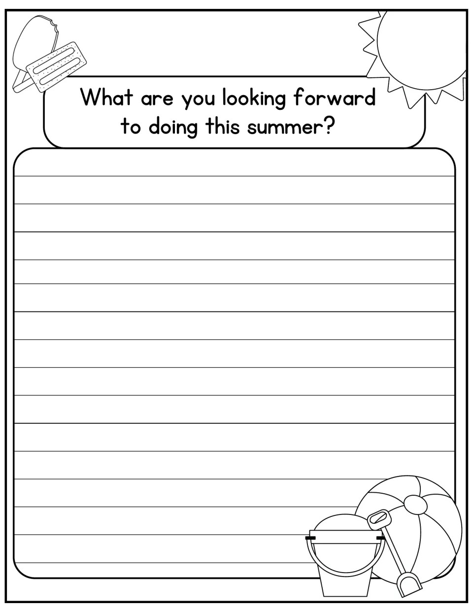 Summer writing prompt: students write about what they are looking forward to doing this summer, with popsicle and sun art