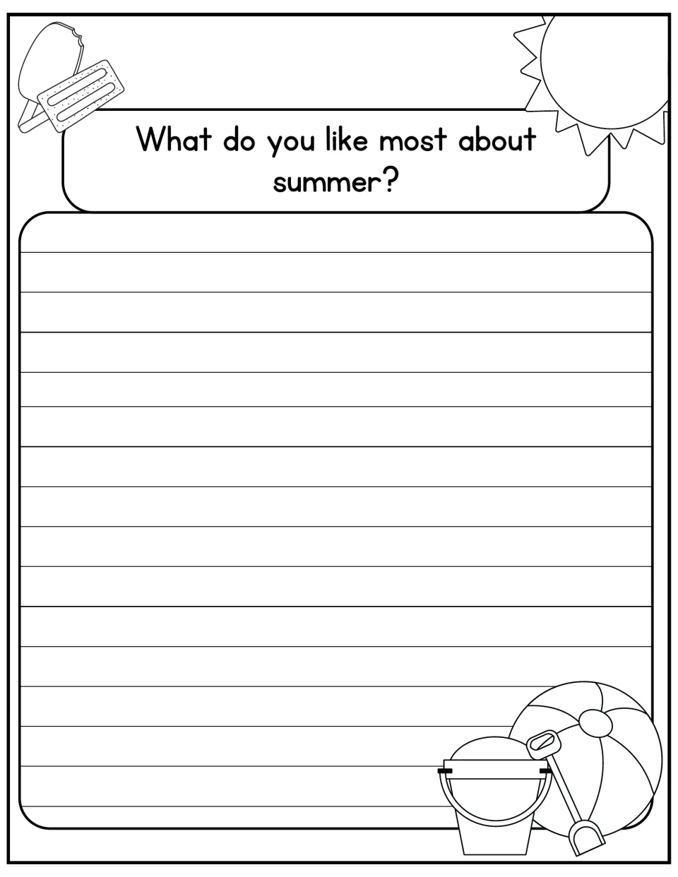 Opinion writing on summer: students answer 'What do you like most about summer?' with beach ball and pail art