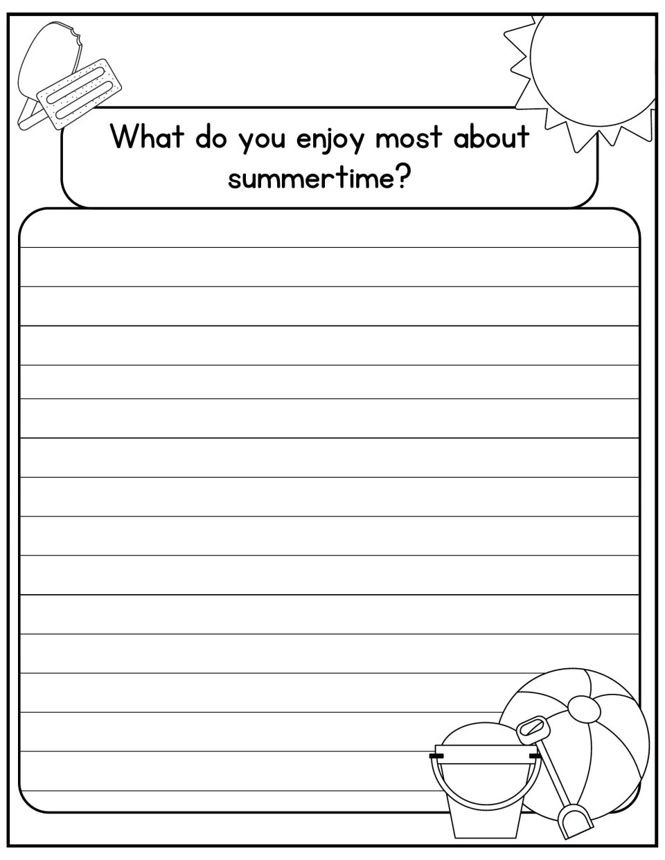 Summertime reflection prompt: students explain what they enjoy most about summertime, with sun and popsicle art