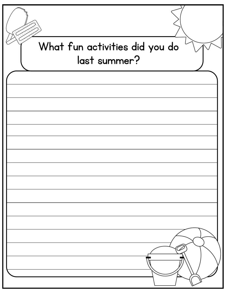 Personal narrative prompt: students recall and write about fun activities they did last summer, with beach toy drawings