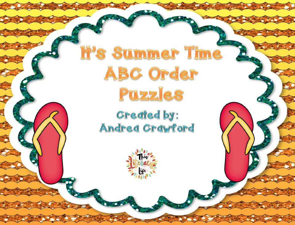 Cover of It's Summer Time ABC Order Puzzles by Andrea Crawford, with red flip-flops, for alphabet-order picture puzzles