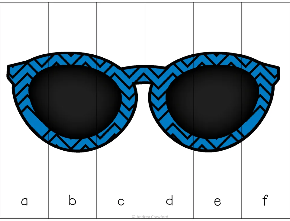 Blue sunglasses puzzle: students cut six strips labeled a to f and put the letters in ABC order to rebuild the picture