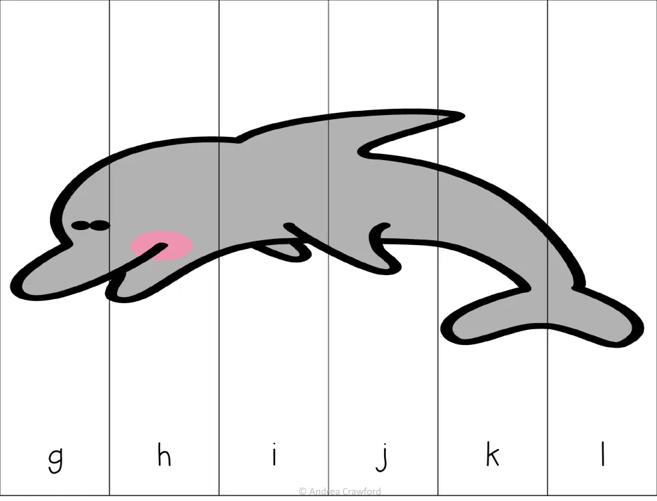 Gray dolphin puzzle: students cut six strips marked g, h, i, j, k and l and order the letters to complete the dolphin