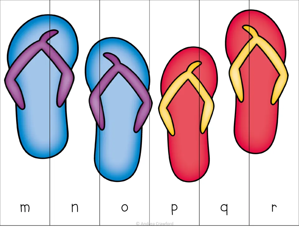 Flip-flops puzzle: students cut six strips with letters m through r and sequence them alphabetically to show four sandals
