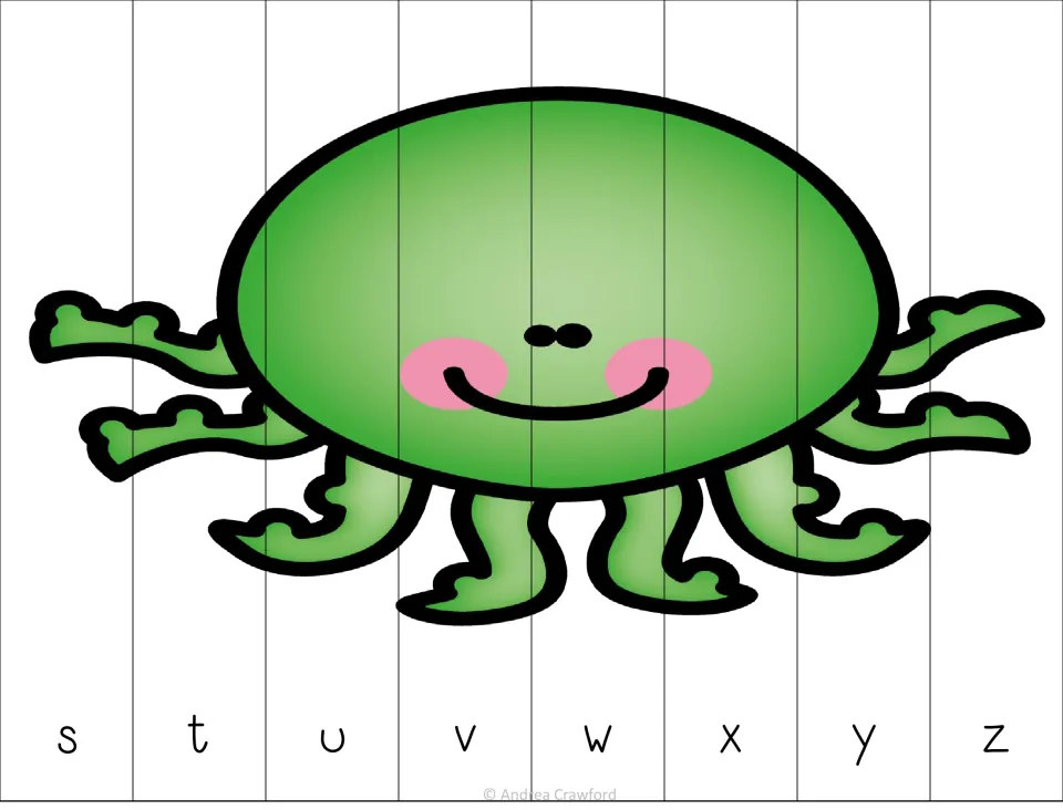 Green octopus puzzle: students cut eight strips labeled s to z and arrange the letters in alphabetical order to rebuild it