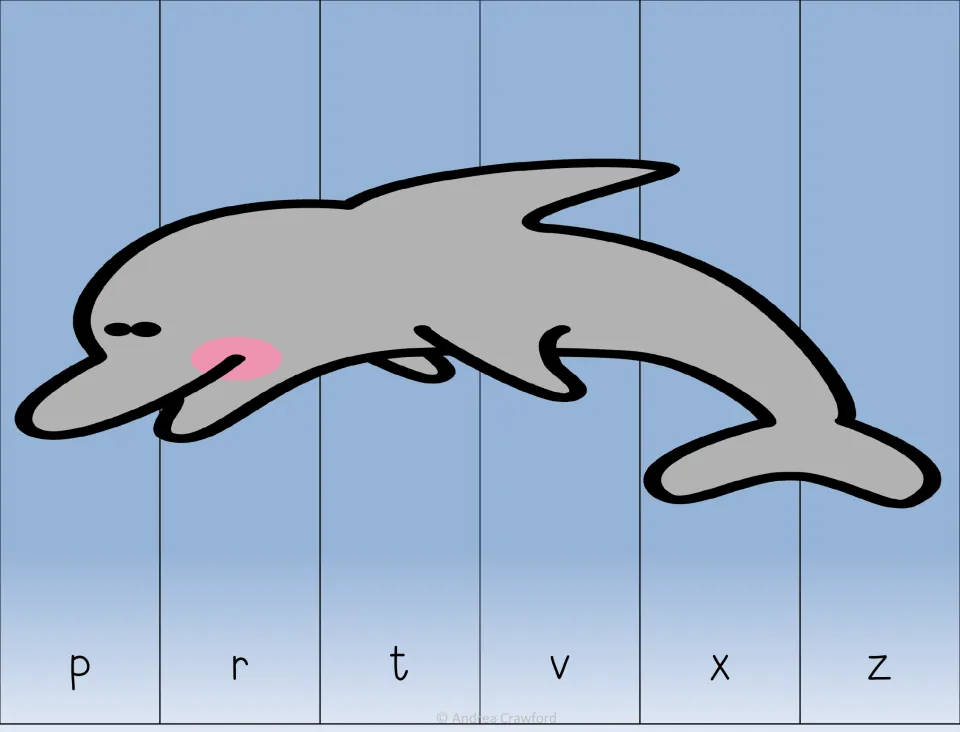 Dolphin on blue water puzzle: students order six strips with skip letters p, r, t, v, x, z to practise ABC order with gaps