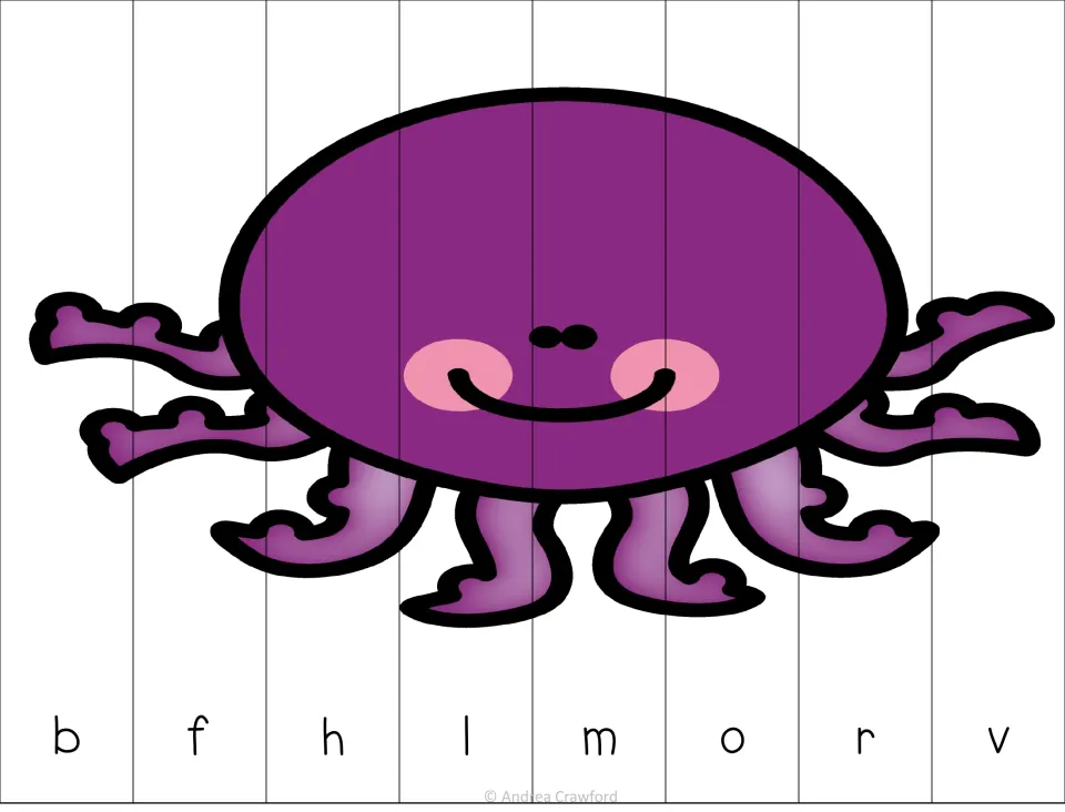 Purple octopus puzzle: students sequence eight strips with letters b, f, h, l, m, o, r, v that skip around the alphabet