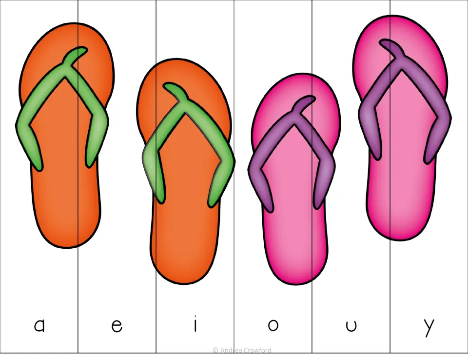 Vowel flip-flops puzzle: students put six strips labeled a, e, i, o, u and y in alphabetical order to show four sandals