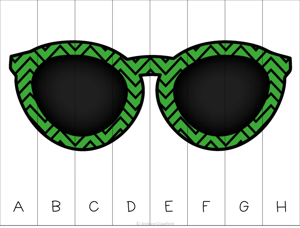 Green sunglasses puzzle with capital letters: students order eight strips A through H to rebuild the uppercase picture