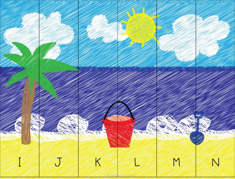 Beach scene puzzle: students sequence six strips with capitals I to N to rebuild a palm tree, sun, sea, pail and shovel
