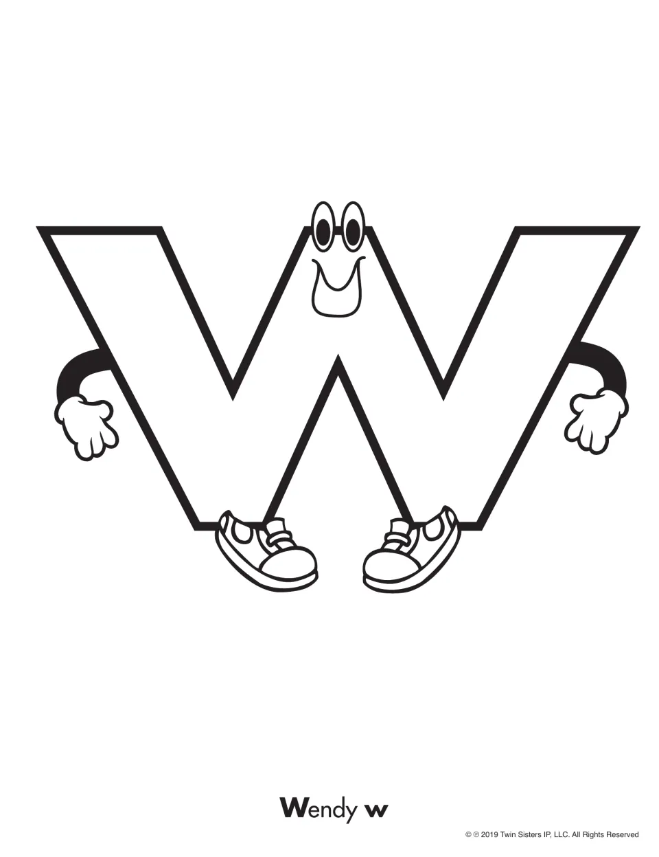 Letter W coloring activity featuring a smiling uppercase W character and the label “Wendy w” below it