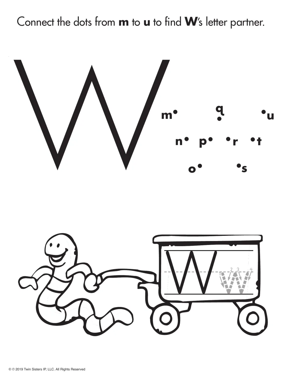 Letter W partner activity: connect dots from m to u to form lowercase w, with a worm and W/w tracing model