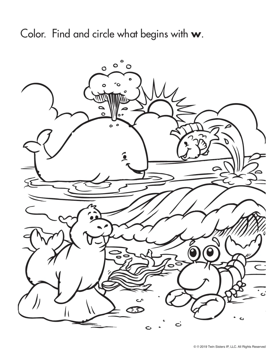 Letter W coloring and beginning-sound activity asks children to circle pictures that begin with w