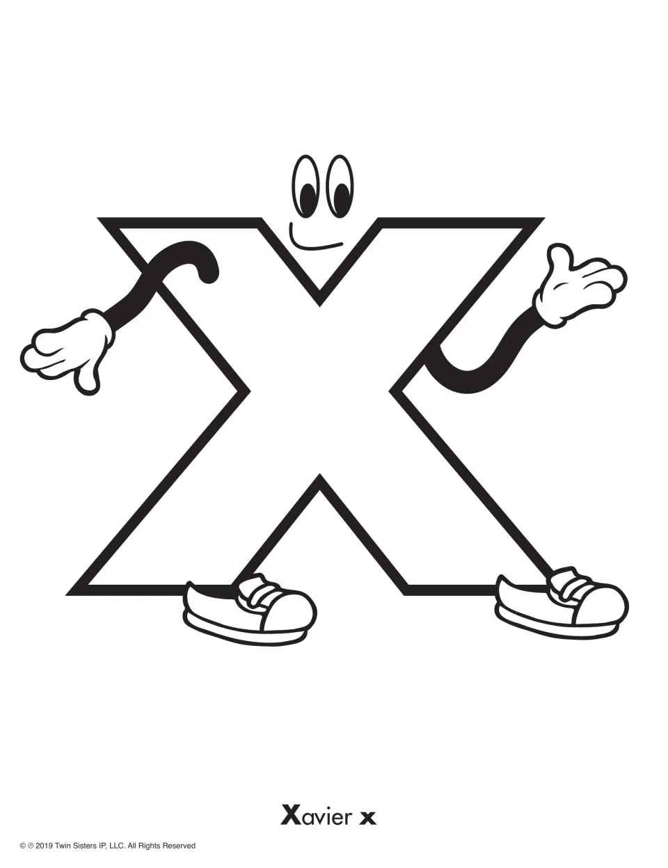 Letter X coloring activity featuring a smiling uppercase X character and the label “Xavier x” below it