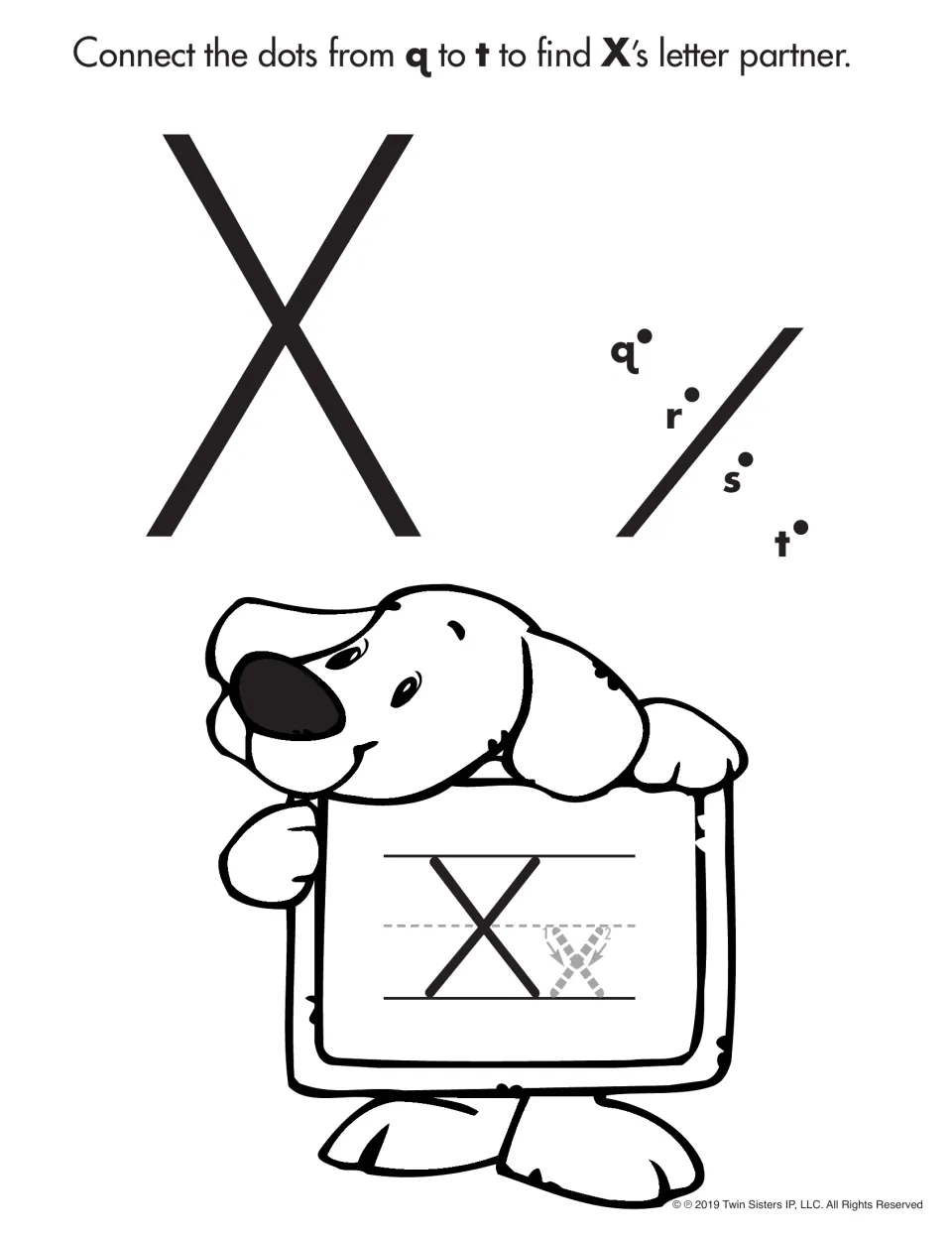Letter X partner activity: connect dots from q to t to complete lowercase x, with a dog and X/x tracing model