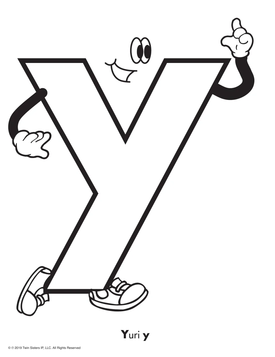 Letter Y coloring activity featuring a smiling uppercase Y character and the label “Yuri y” below it