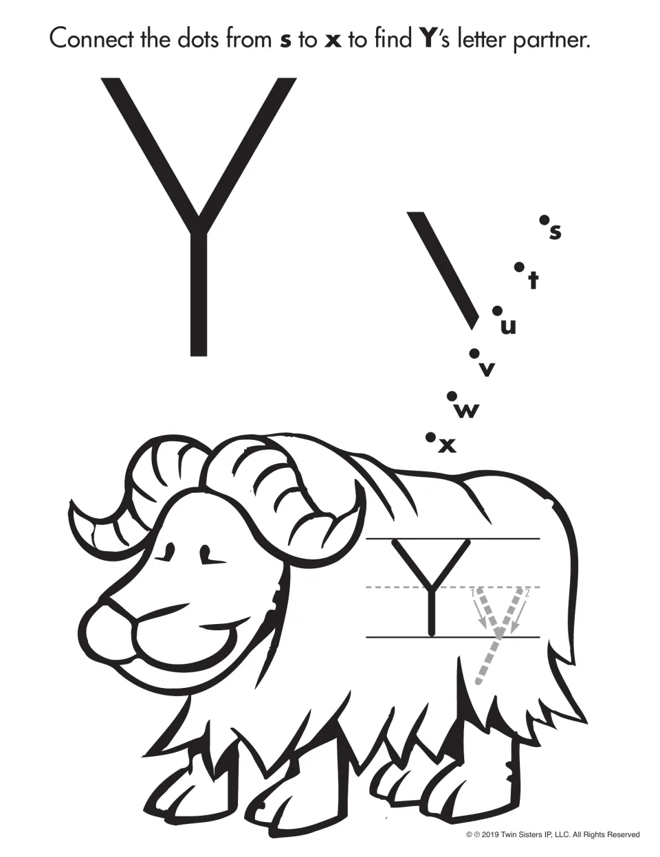 Letter Y partner activity: connect dots from s to x to complete lowercase y, with a yak and Y/y tracing model