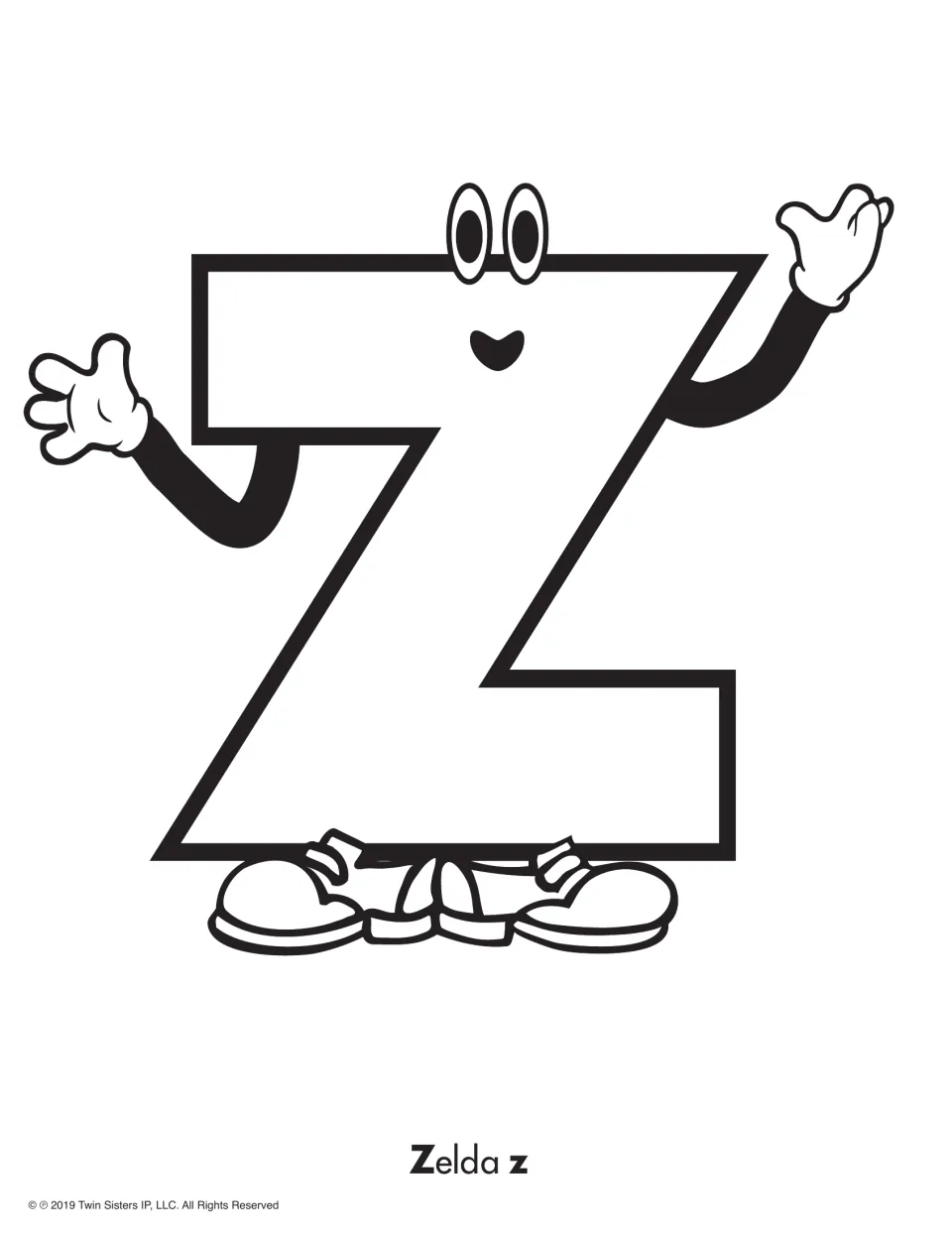 Letter Z coloring activity featuring a smiling uppercase Z character and the label “Zelda z” below it