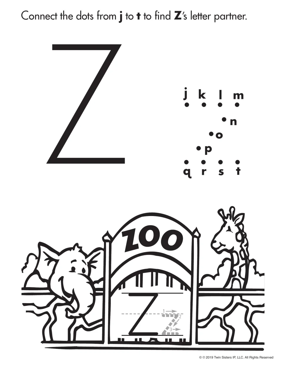 Letter Z partner activity: connect dots from j to t to form lowercase z, with a zoo scene and Z/z tracing model