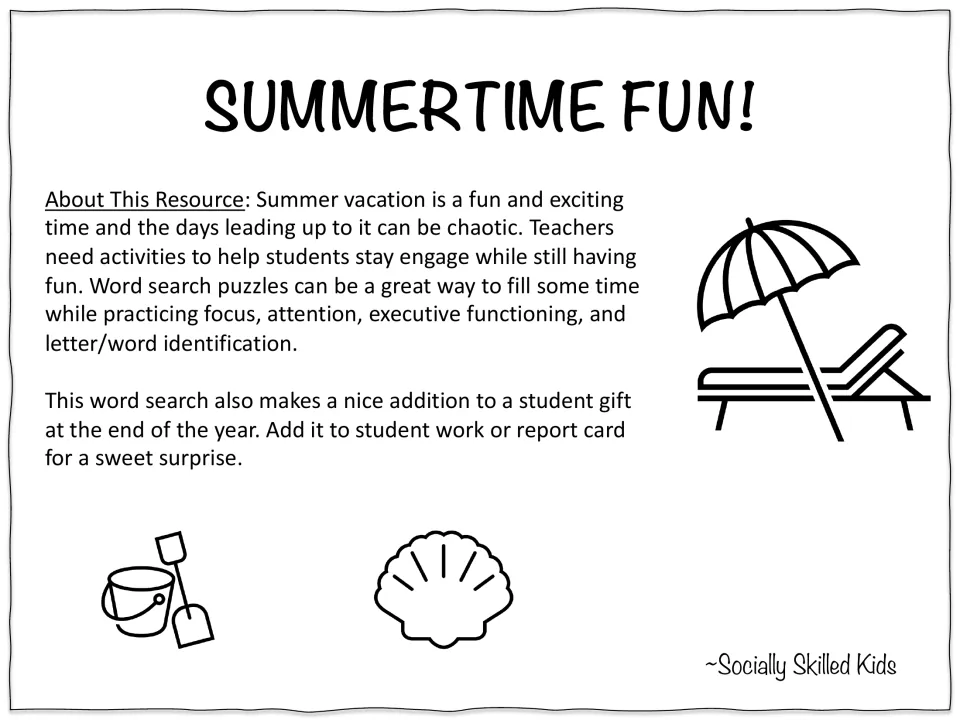 Summertime Fun! title page with an About This Resource note on using word searches before break, beside beach clip art