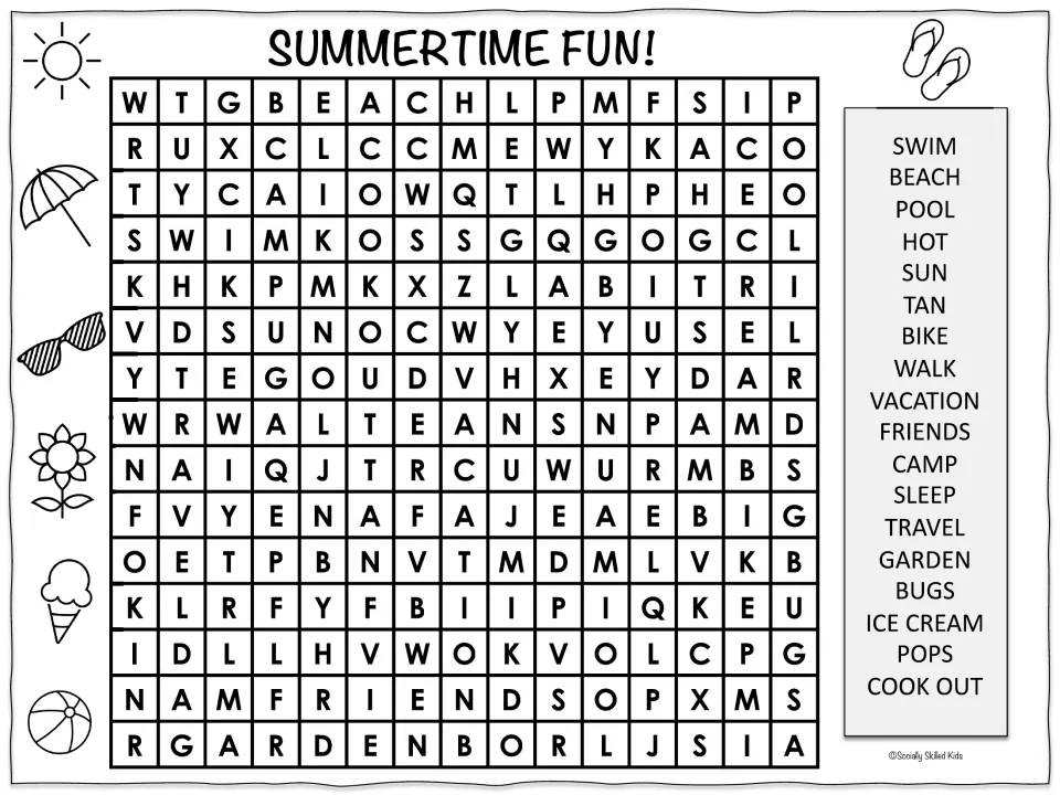 Summer vocabulary hunt: students find 18 hidden words such as beach, vacation, ice cream and cook out in a 15x15 puzzle