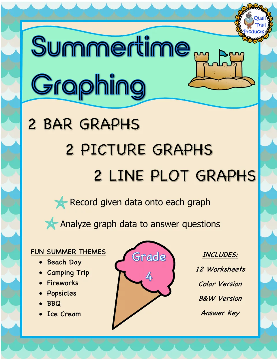 Summertime Graphing cover lists two bar graphs, two picture graphs, two line plots, and 12 worksheets.