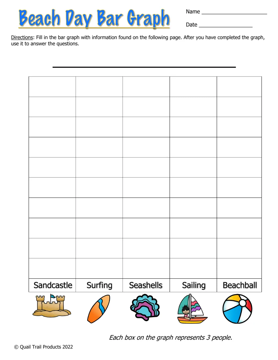 Beach Day bar graph to complete for sandcastles, surfing, seashells, sailing, and beachball; scale is 3 people.