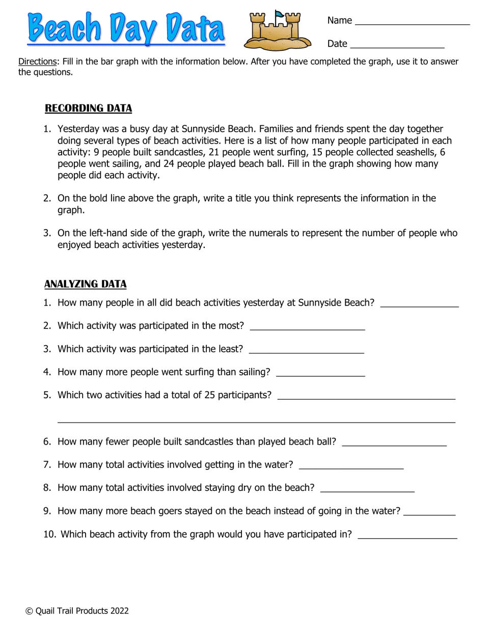 Beach Day data page gives activity counts of 9, 21, 15, 6, and 24 people, followed by 10 analysis questions.