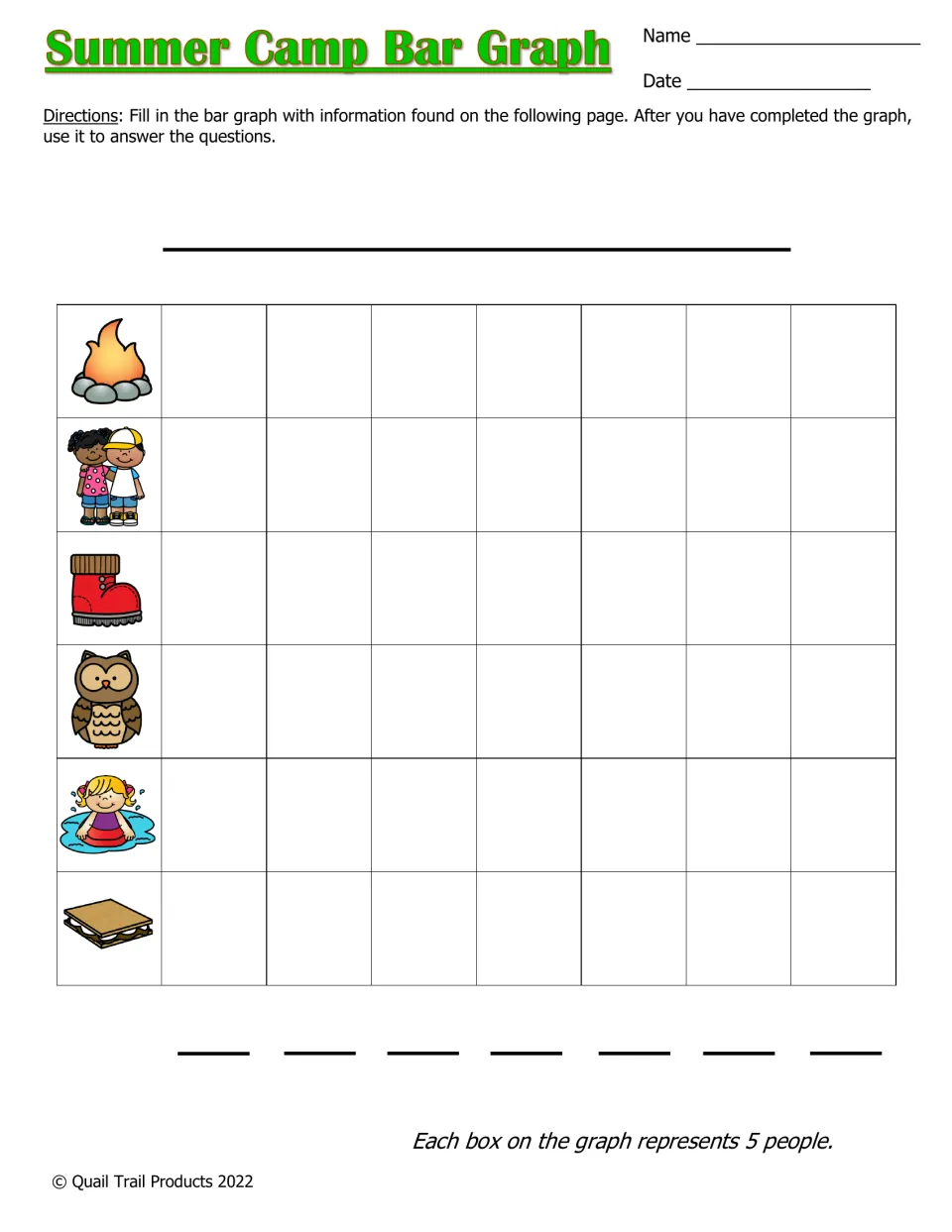 Summer Camp bar graph to complete for campfires, friends, hiking, owls, swimming, and s’mores; scale is 5 people.