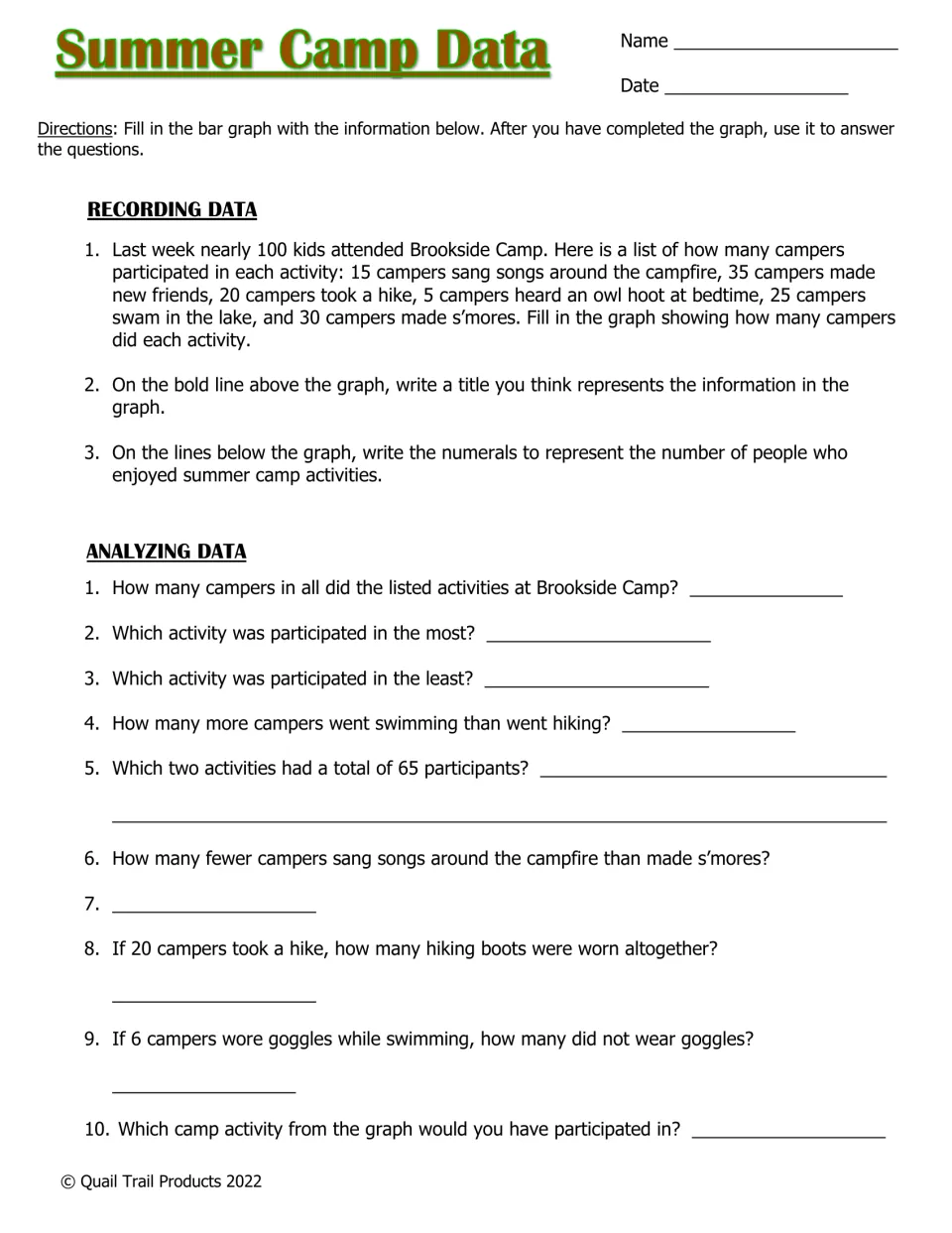 Summer Camp data page gives six activity counts from 5 to 35 campers, with graphing directions and questions.