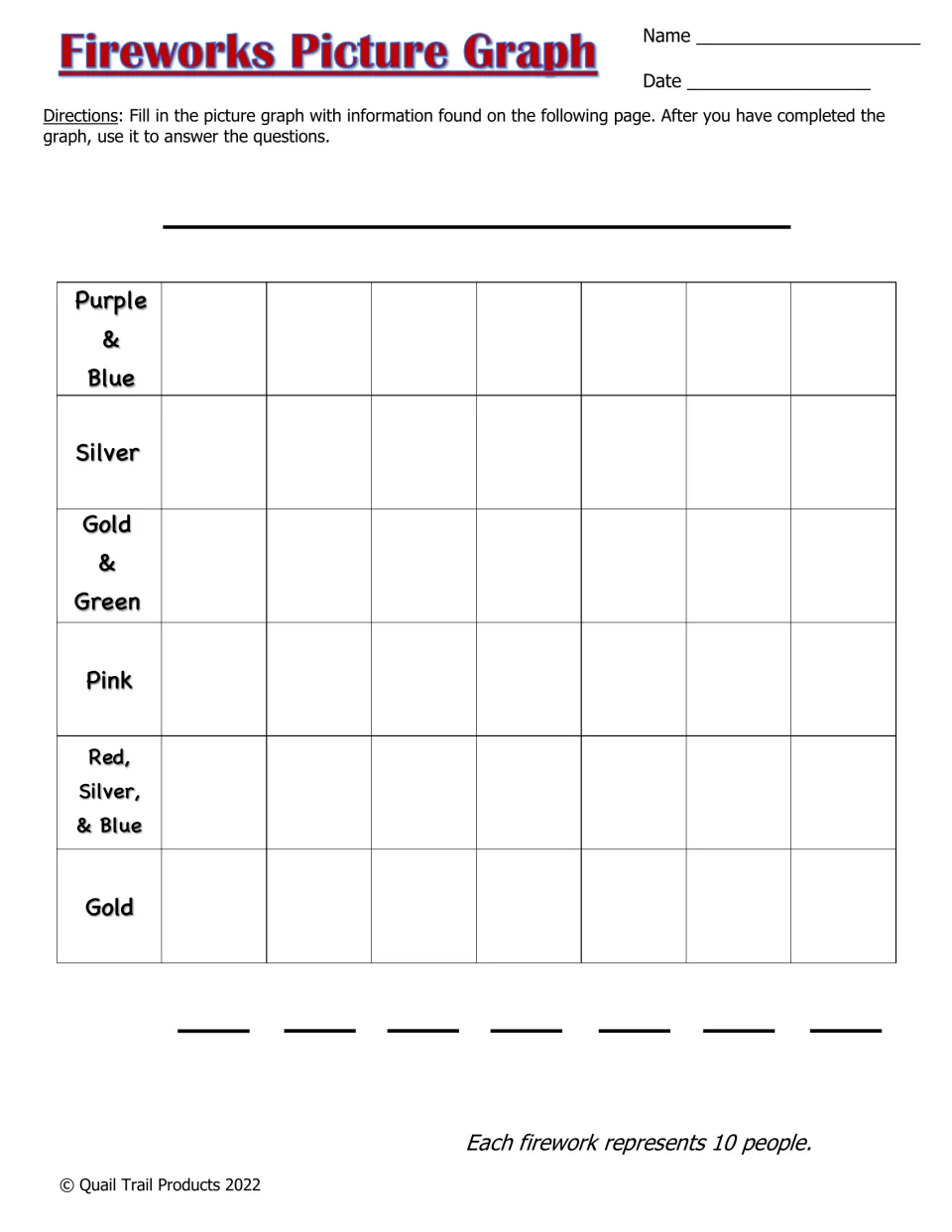 Fireworks picture graph to complete for six color choices, using one firework symbol to represent 10 people.