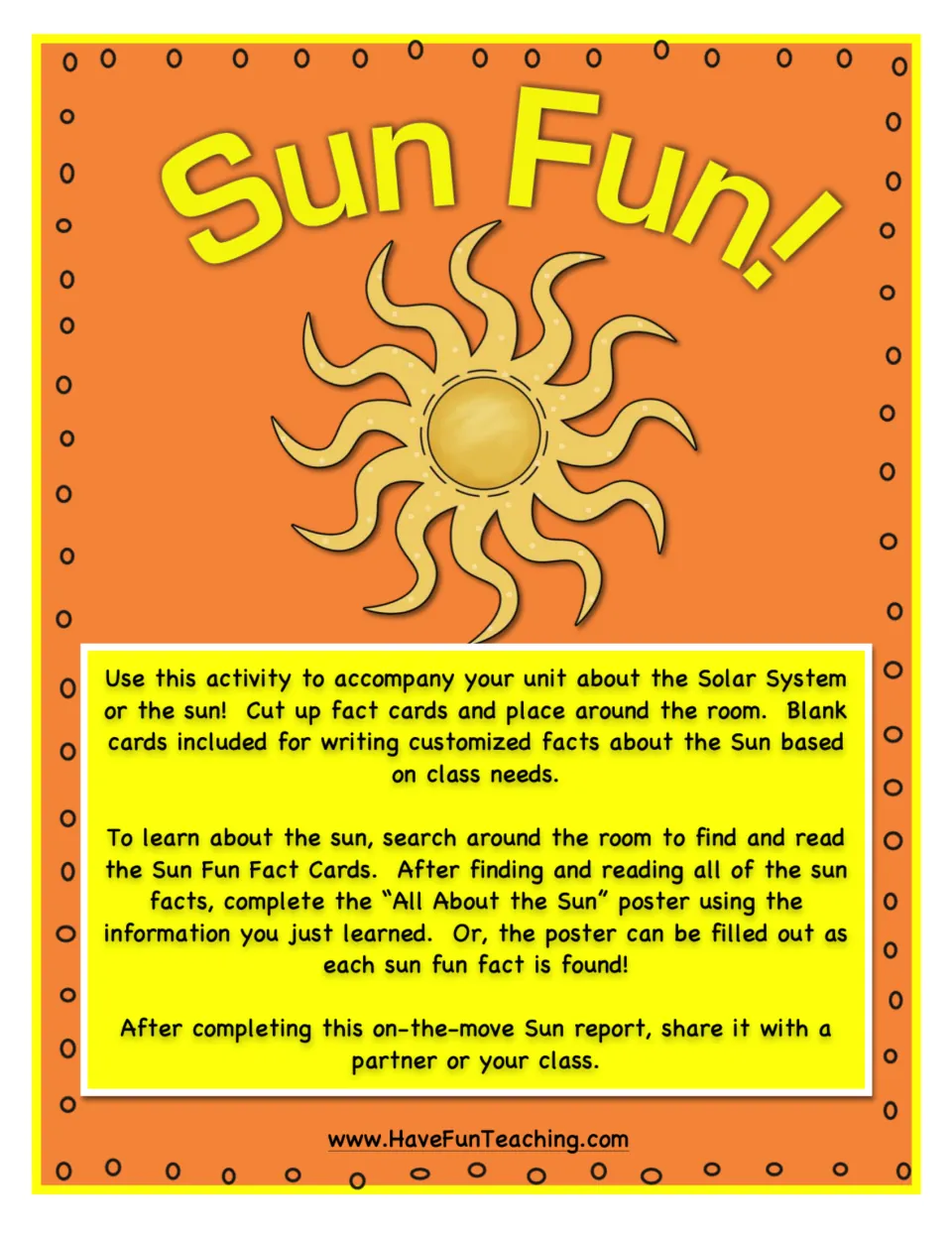 Sun Fun! cover with directions to find and read fact cards, complete a Sun poster, and share the report