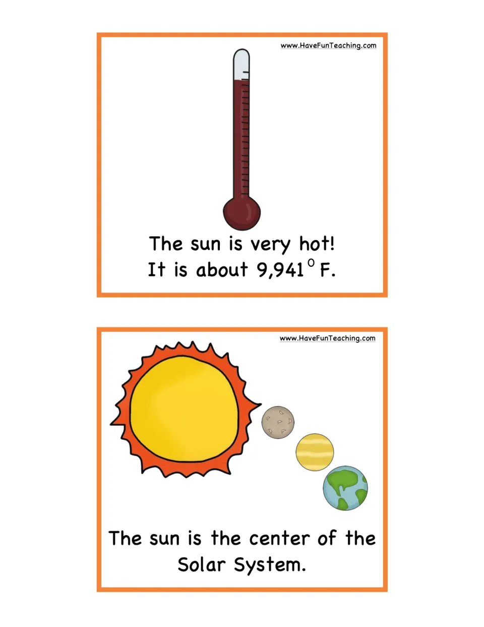 Sun fact cards 1–2: the Sun is about 9,941°F and is the center of the solar system, with illustrations