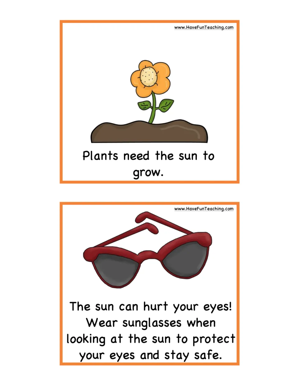 Sun fact cards 3–4: plants need sunlight to grow, and an eye safety card illustrated with sunglasses