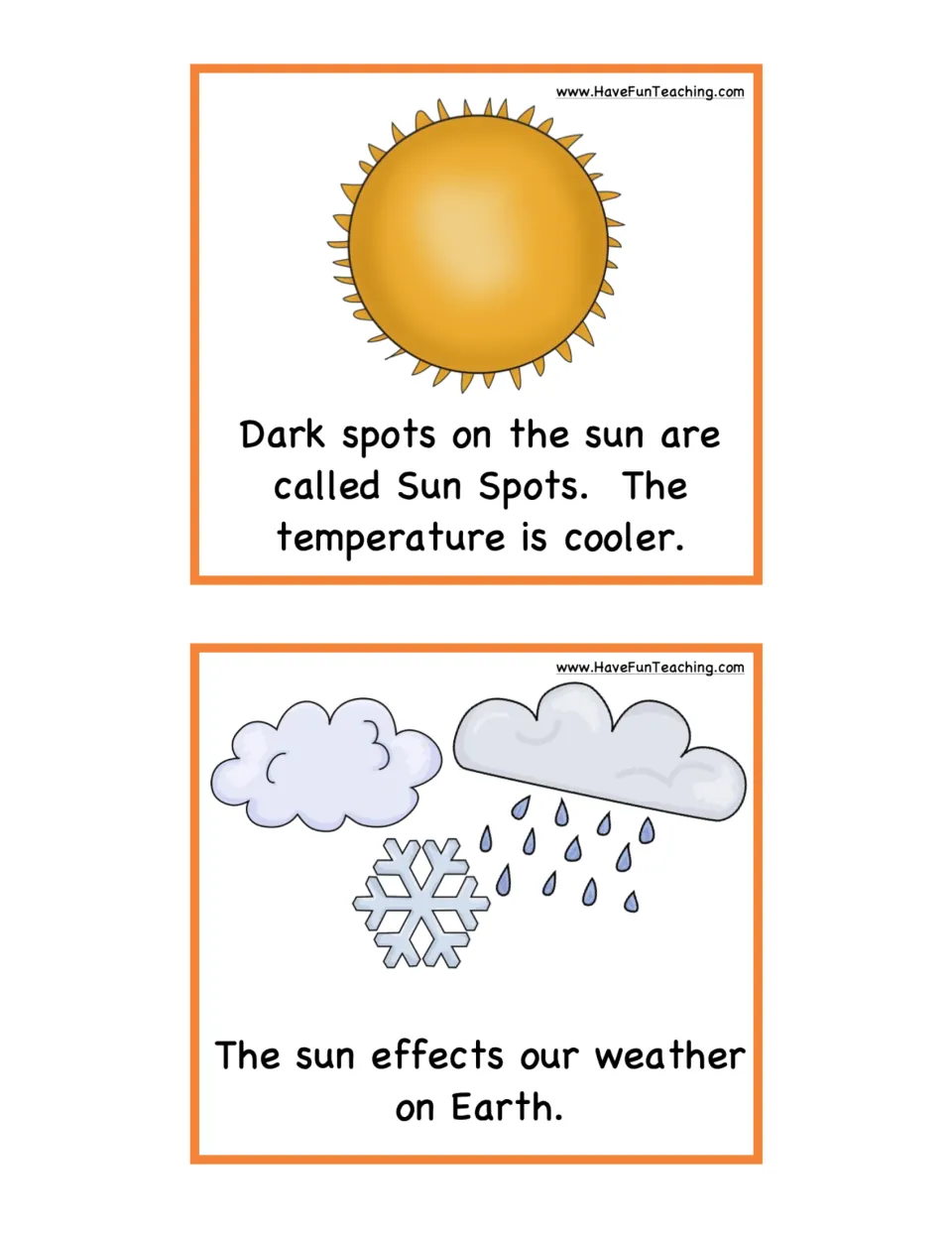 Sun fact cards 5–6: sunspots are cooler dark spots, and the Sun affects Earth's weather, with pictures