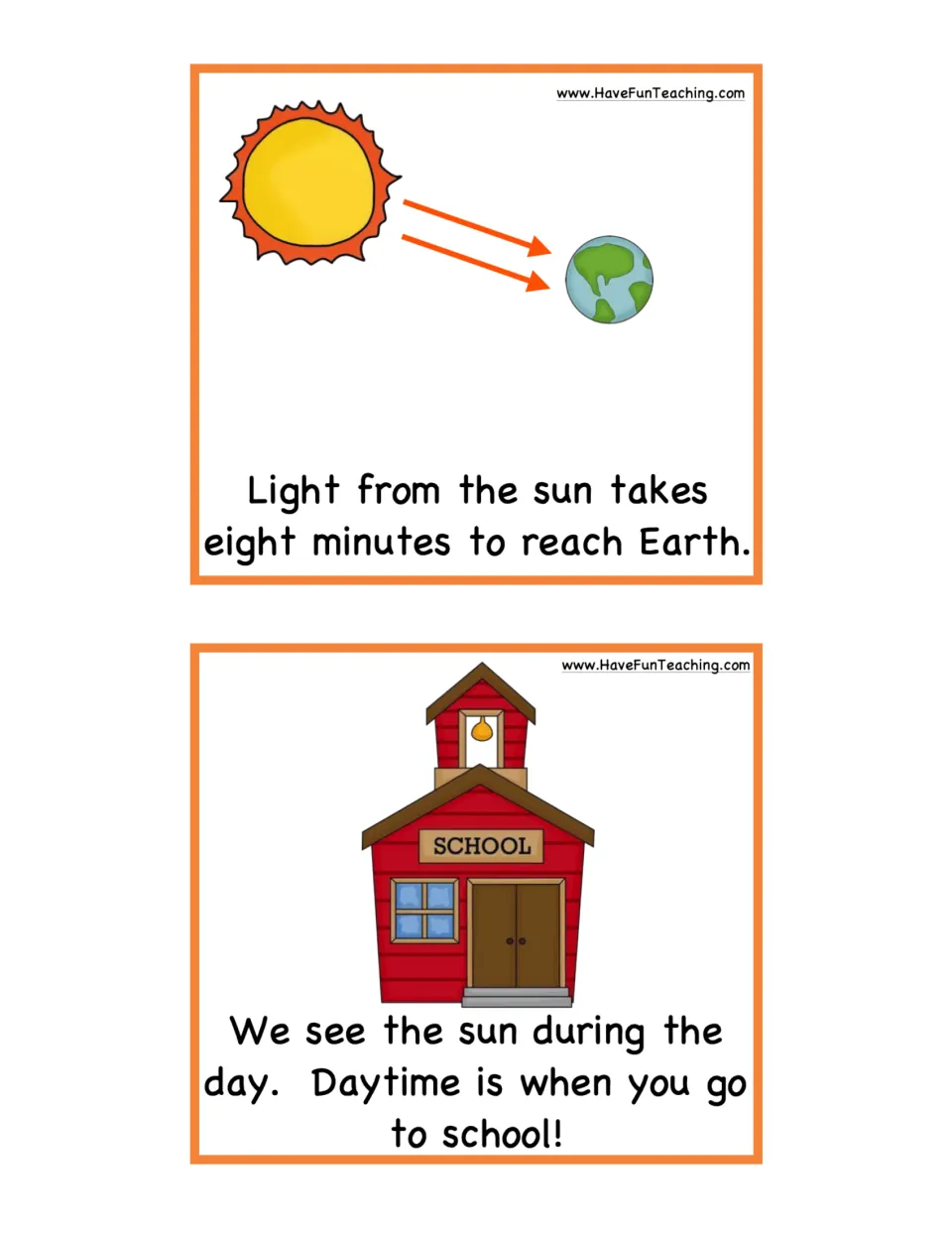 Sun fact cards 7–8: sunlight takes eight minutes to reach Earth, and we see the Sun during the day