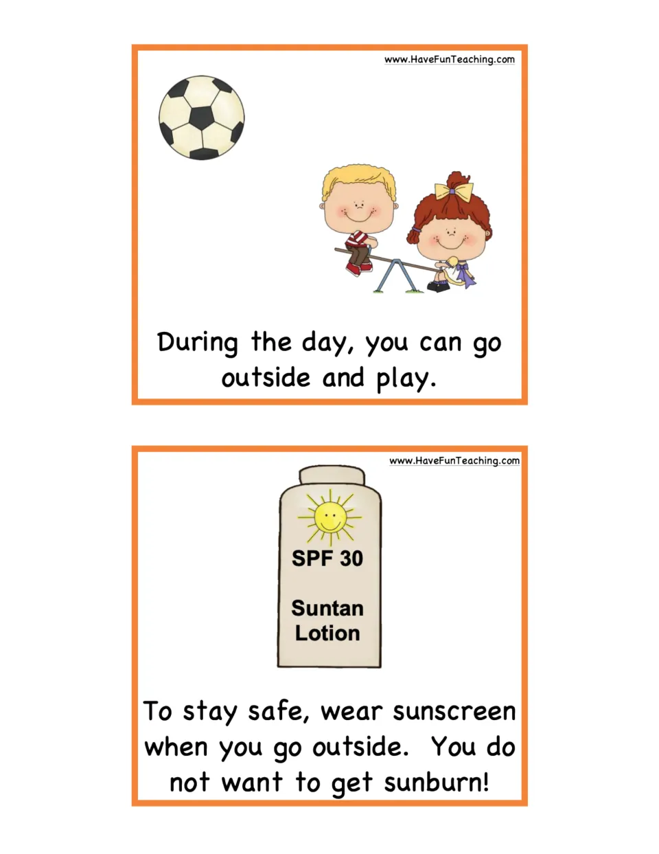Sun fact cards 9–10: daytime outdoor play and wearing sunscreen outside to prevent sunburn, with pictures