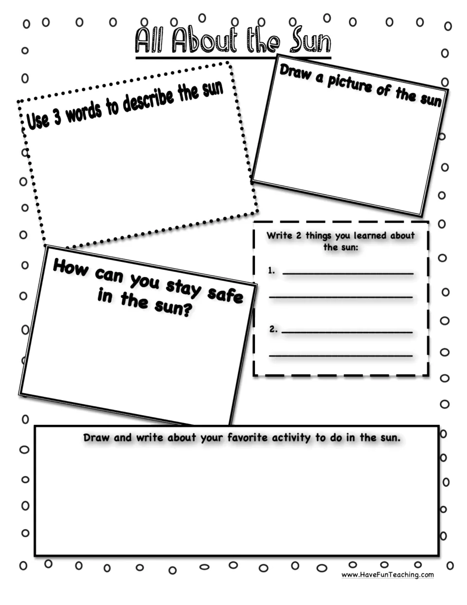 All About the Sun poster: describe and draw the Sun, record two facts, explain safety, and share a favorite activity