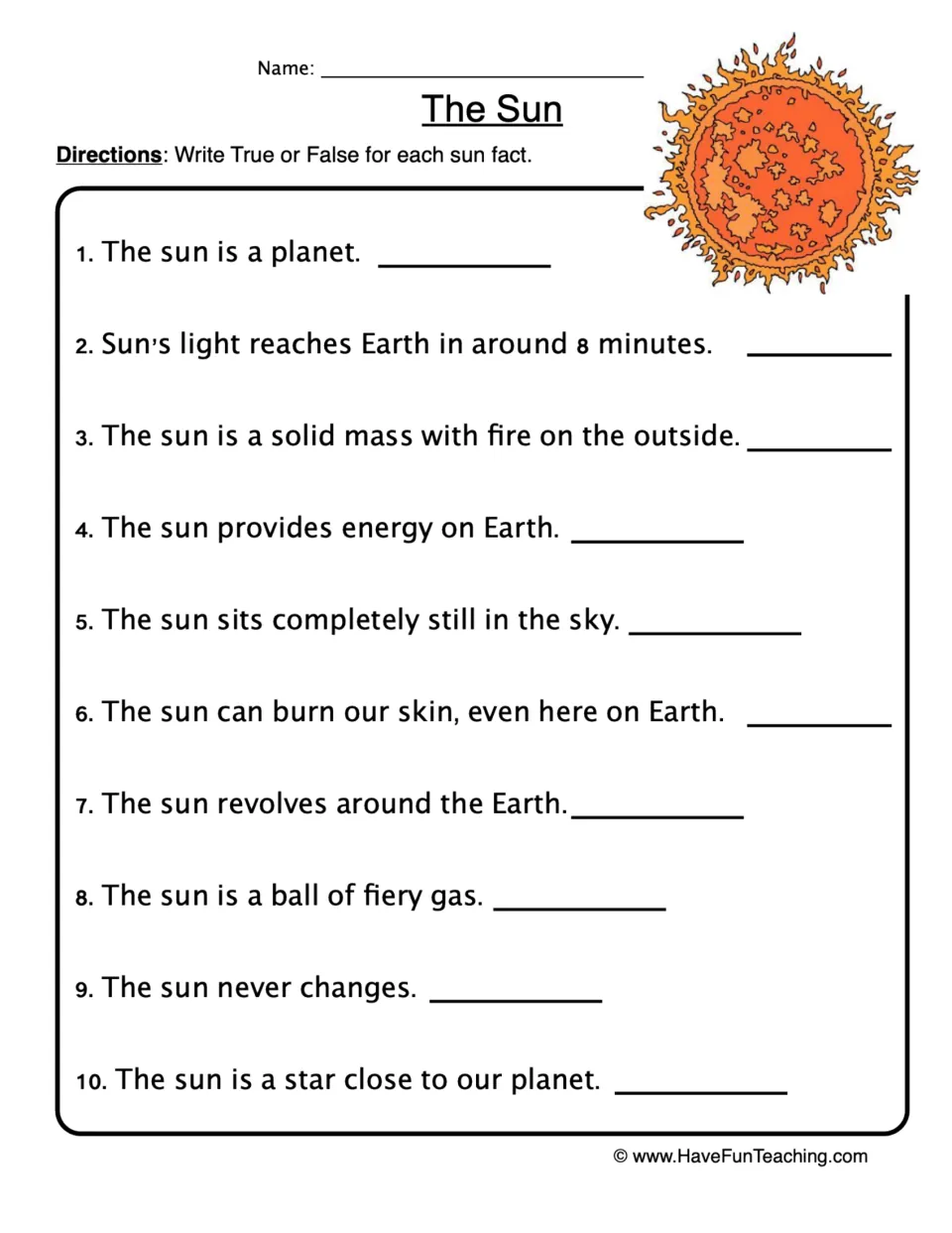 The Sun true or false: students mark 10 statements, such as the sun is a planet or a ball of fiery gas, as true or false