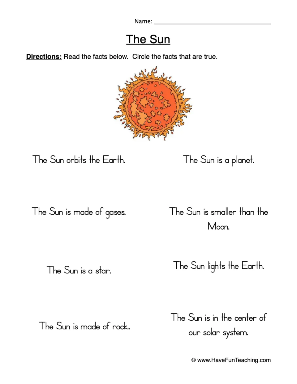 The Sun facts: students read 8 statements, such as the Sun is a star or made of rock, and circle the ones that are true
