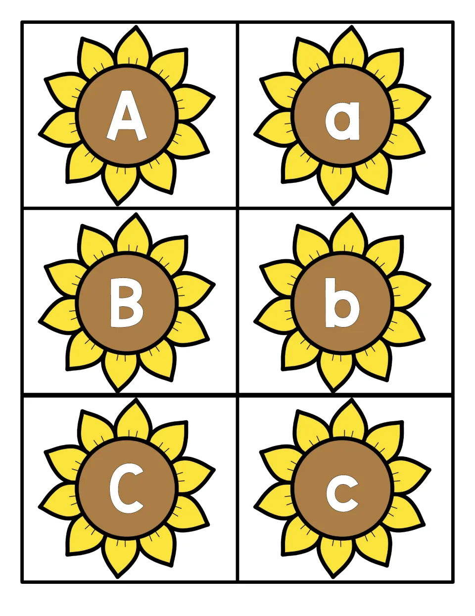 Letters A to C: six sunflower cards pairing uppercase A, B, C with lowercase a, b, c for matching letter case