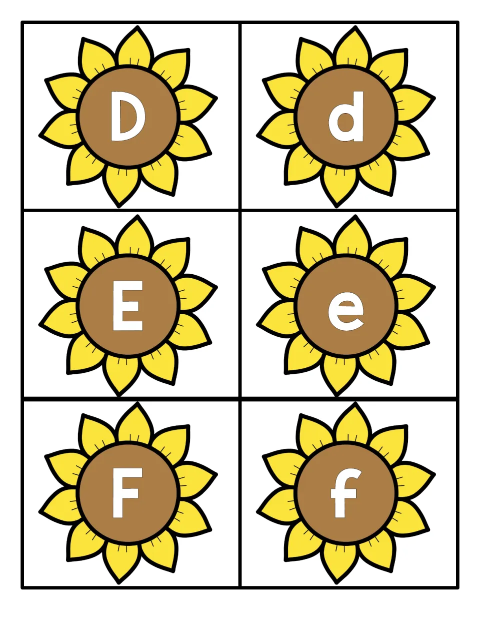 Letters D to F: sunflower cards showing capital D, E, F beside small d, e, f for upper- and lowercase matching