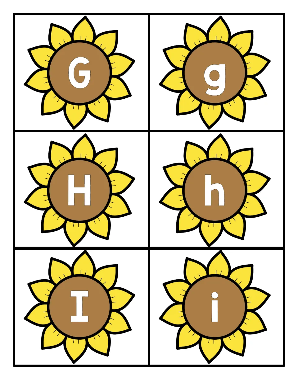 Letters G to I: flower cards with uppercase G, H, I and lowercase g, h, i for students to pair by letter name