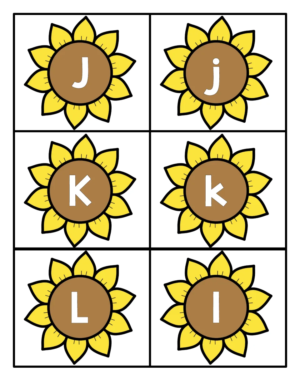 Letters J to L: sunflower cards with capital J, K, L and small j, k, l to sort and match in letter recognition play